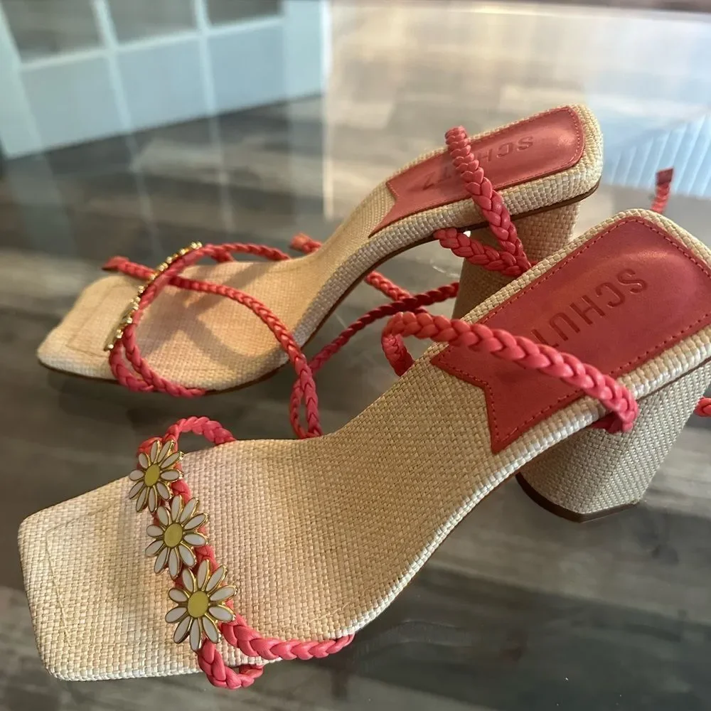 Red Braided Sandals with Daisy Accents